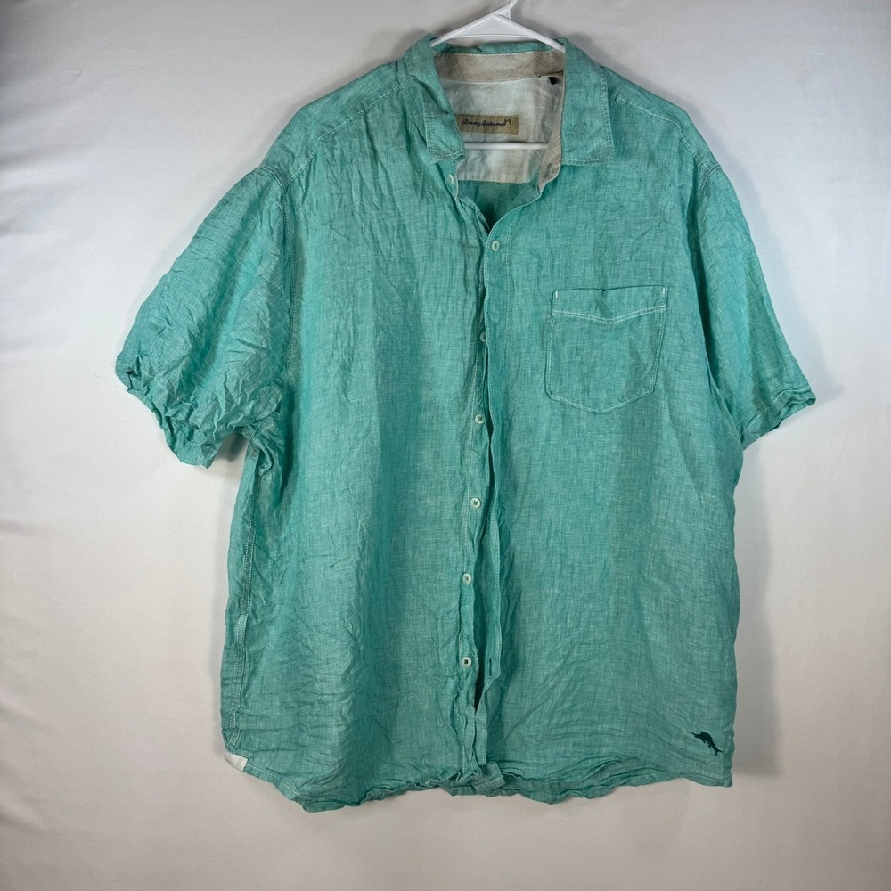 Tommy Bahama Mens XL Short Sleeve 100% Linen Button Down Shirt Teal Green Marlin